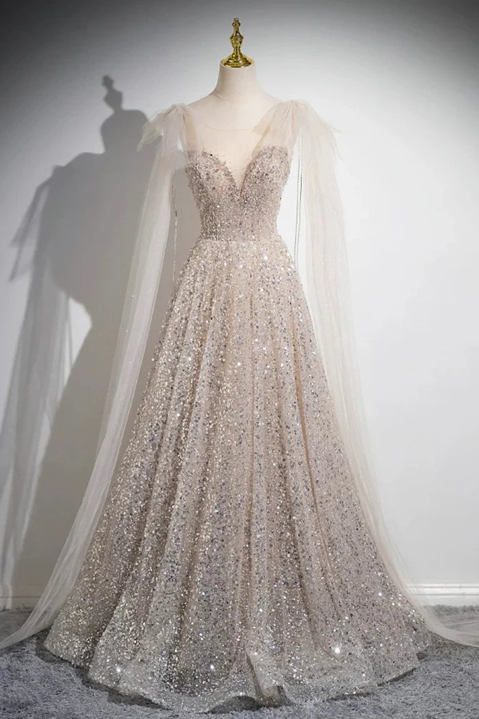 Champagne Tulle Sequins Long Prom Dress, Shiny A-Line Party Dress